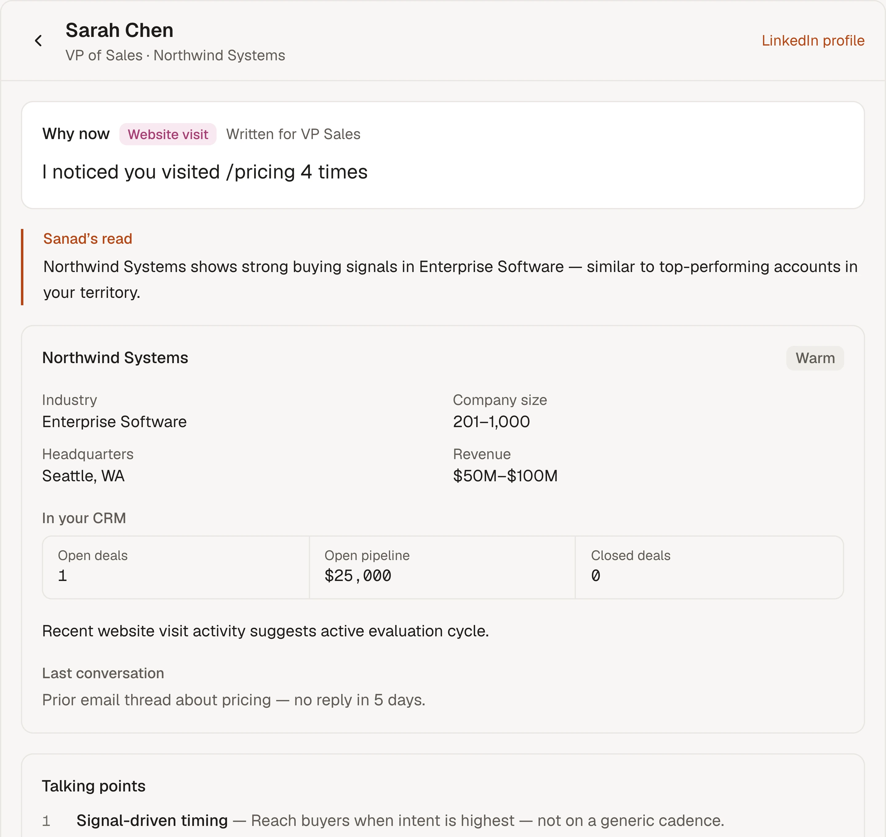 Sanad research for Sarah Chen at Northwind Systems: why now (four pricing-page visits), Sanad’s read on the account, company facts, one open deal worth $25,000 in the CRM, the last conversation and the talking points used.