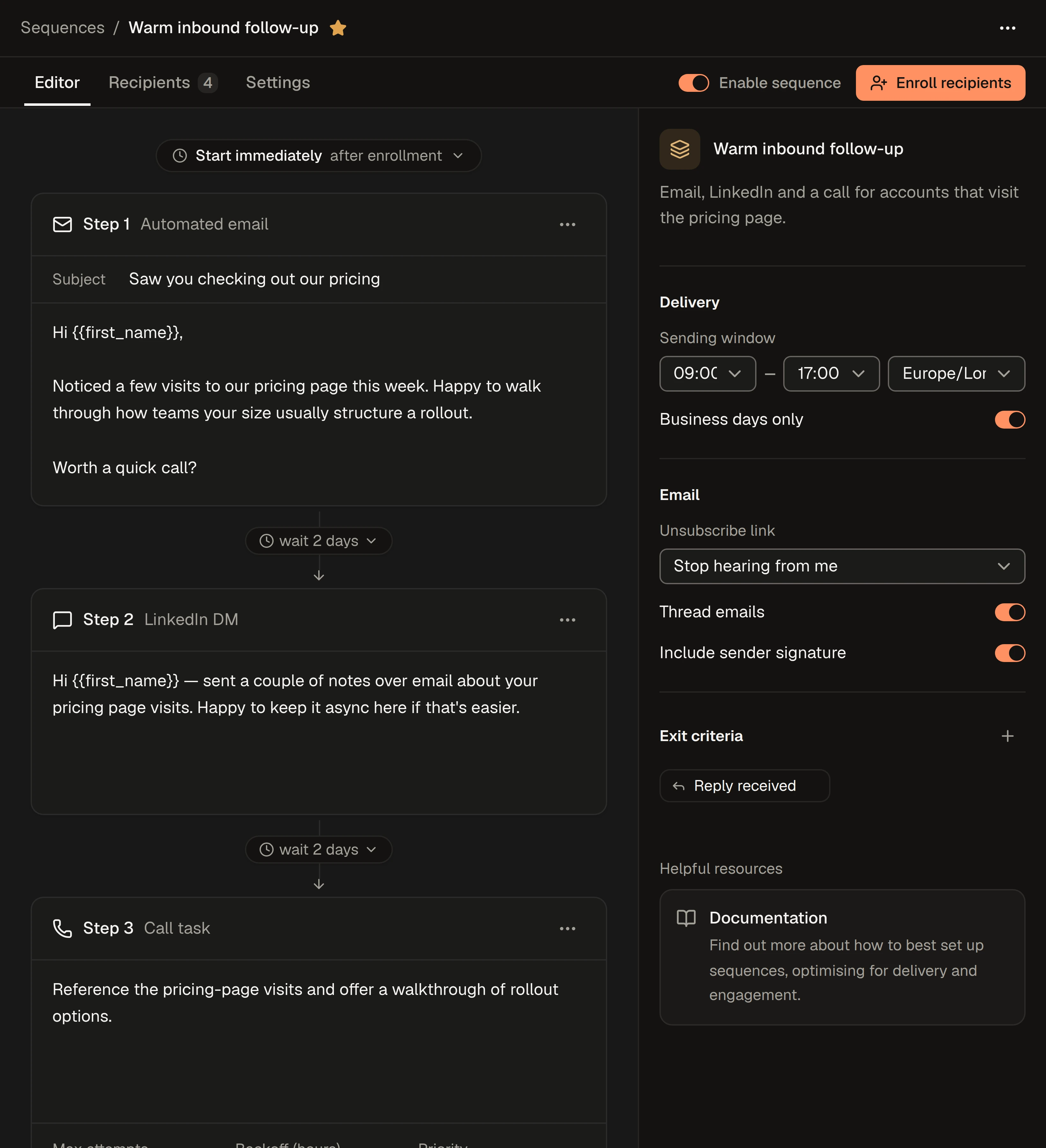 The Cordiul sequence editor for a pricing-page follow-up: an email, a LinkedIn message two days later and a call task two days after that, with sending-window settings and a reply-received exit rule.